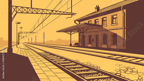 Vintage Train Station Platform Railway Tracks Transportation Illustration Retro Style Graphic Design.
