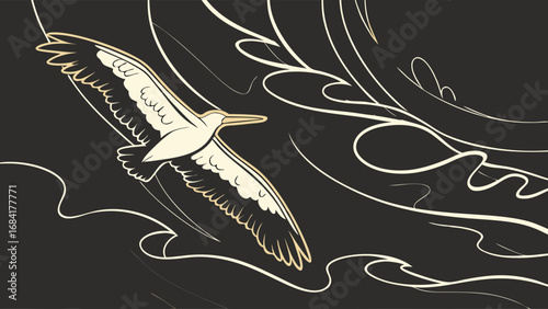 A Bird Soaring Above Abstract Water Waves.