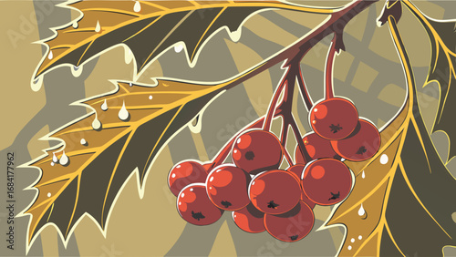 Autumn Berries and Leaves Dew Drops Nature Illustration Vector Graphic Design Fall Theme Festive Decor.