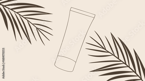 Cream tube mockup minimalist design palm leaves cosmetic product beauty packaging skincare tropical summer illustration template branding advertising beige background elegant simple vector graphic fl.