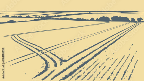 Panoramic Field Landscape Drawing.
