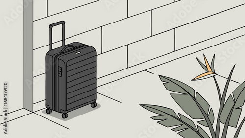 Suitcase illustration travel luggage tropical plant minimalist design vacation journey getaway holiday summer travel airport airline baggage wheeled suitcase carry-on tropical leaves exotic flower si.