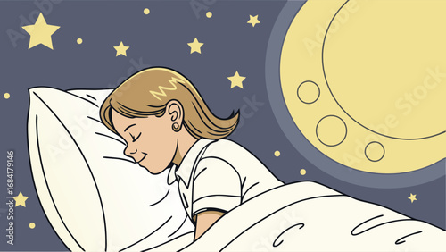 Sleeping child moon stars night bedtime illustration sweet dreams peaceful sleep cartoon character vector art kid sleeping childrens illustration fantasy dreamland nighttime scene cozy comfort relaxa.