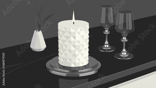 Still life with candle glasses and vase on dark surface.