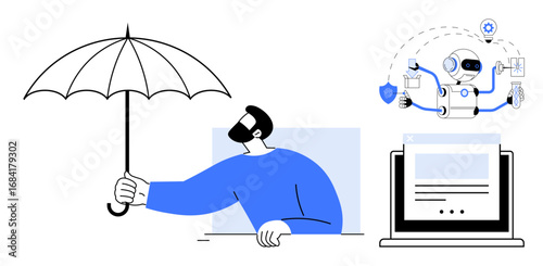 Man shields with umbrella, AI robot highlights security features and network, laptop displays secure browsing. Ideal for cybersecurity, online safety, tech innovation, AI integration, data privacy