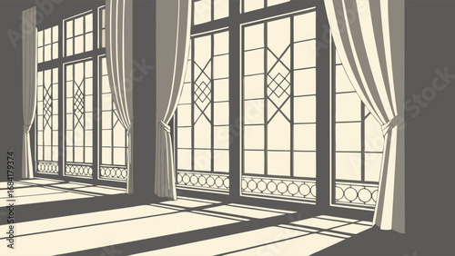 Elegant Room Interior with Large Windows and Curtains.