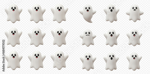 A collection of cute white cartoon ghosts with various expressions arranged on a transparent background.