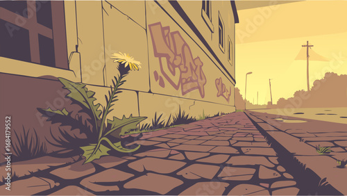 Street scene with dandelion and graffiti.
