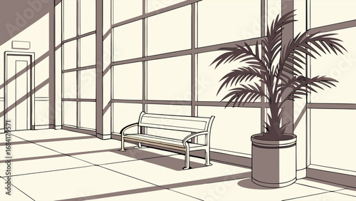 Indoor waiting area with bench and plant.