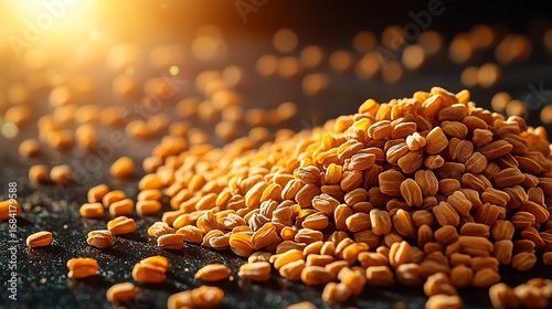 Fototapeta Naklejka Na Ścianę i Meble -  Abundant Fenugreek Seeds Scattered on a Dark Textured Surface pile spice