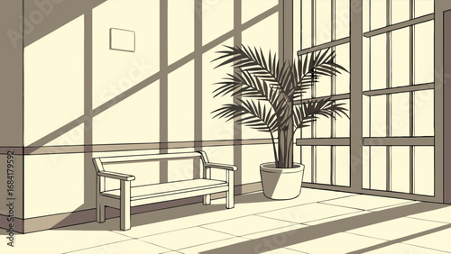 Waiting Room Interior Design Modern Office Lobby with Bench and Plant Sunlit Space Illustration.
