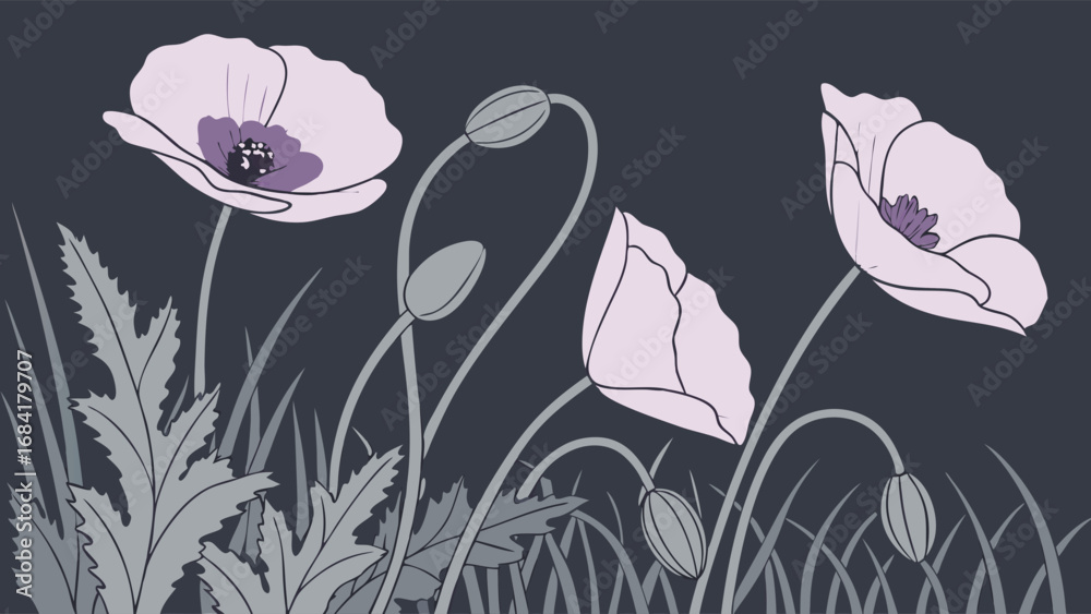 Obraz premium Stylized Poppies in a Meadow Floral Design Element for Textile Wallpaper or Card Design.