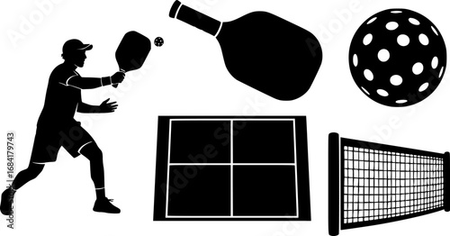 Pickleball Bundle Svg, Pickleball Bundle Silhouette, Pickleball Svg, Pickleball Silhouette, Pickleball Ball, Racket, Player, Court, and Net Silhouette