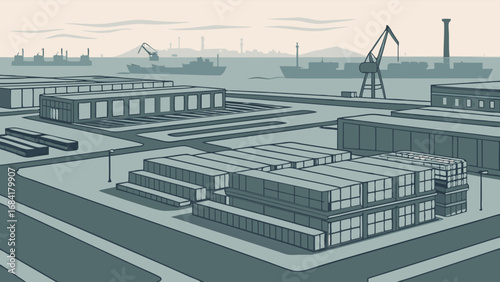 Port City Industrial Landscape Illustration.