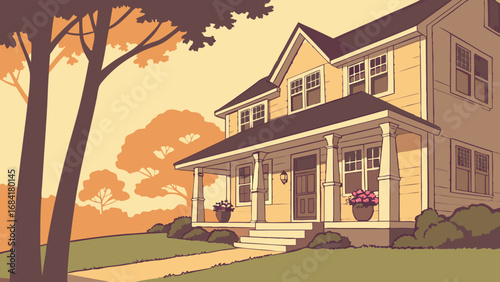 Suburban House at Sunset Home Exterior Illustration Family Home Design Residential Building Two-Story House Front Porch Landscaping Tree Silhouette Calm Evening Home Sweet Home Real Estate Illustrati.