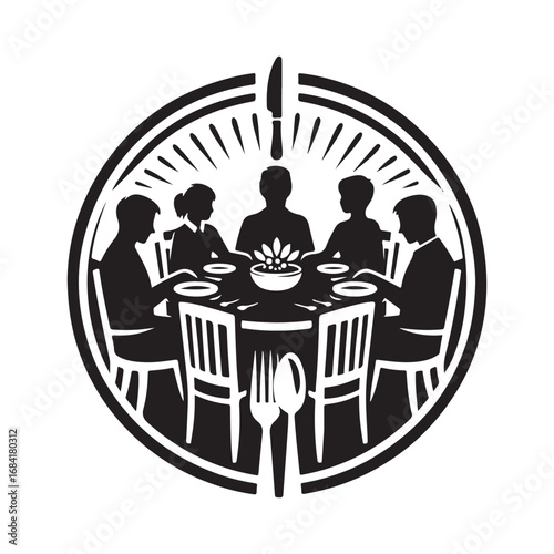Family dinner around table vector silhouette outline logo design concept illustration