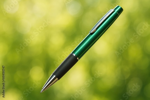 Green pen with a black grip sits on a green background