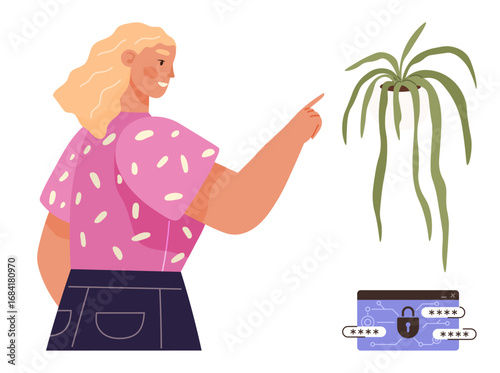 Woman gesturing toward a hanging houseplant while nearby digital security elements include a locked credit card and password inputs. Ideal for nature, technology, security, sustainability, ecology