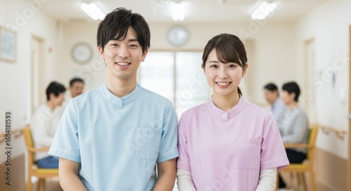 介護士や看護師が高齢者施設や病院で楽しそうに働いている