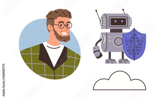 Smiling man beside a robot holding a shield with binary code. Cloud graphic below. Ideal for AI, cybersecurity, collaboration, data protection, tech innovation, teamwork future trends. A simple flat