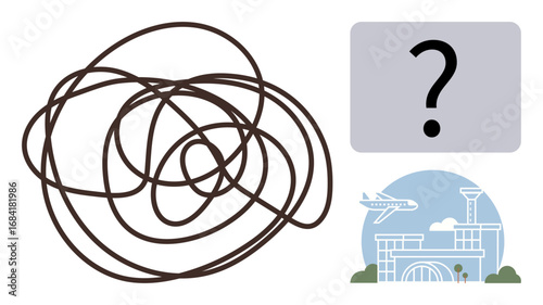 Tangled lines suggesting confusion, a question mark for uncertainty, and an airport illustration imply travel logistics challenges. Ideal for travel planning, decision-making, problem-solving