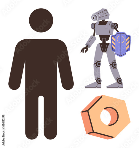 Human figure, advanced robot with protective shield, and gear illustration. Ideal for technology, AI, innovation, human-robot interaction, automation industry futuristic designs. Simple flat