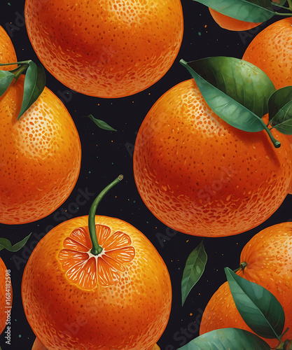Vibrant tangerines with leaves against a dark background pattern