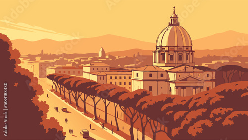 Cityscape Illustration Buildings Street and Trees in Sunset Light.