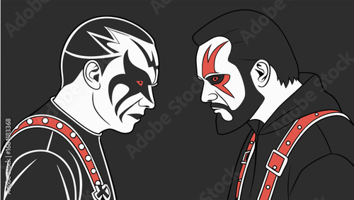 Stylized Duel Graphic Art of Opposing Figures Black and White Contrast.