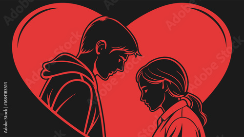 Romantic Couple Silhouette with Heart Design Valentines Day Love Illustration Vector Art Relationship Graphic.