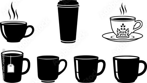 Coffee cup silhouette, Coffee and tea cups silhouette, Coffee and tea cups svg, Coffee cup svg, Tea cup silhouette, Teacup svg, Ceramic cups silhouette, Tea and coffee cup icon set.