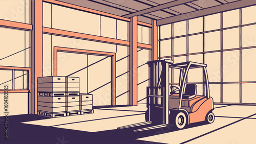 Warehouse Interior with Forklift and Pallets.