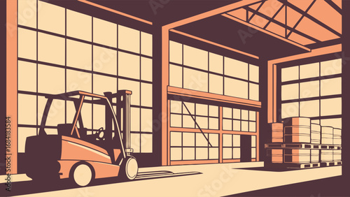 Warehouse interior with forklift and pallet of goods.