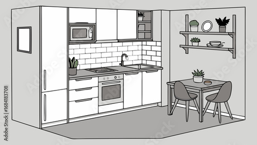 Modern Kitchen Interior with Dining Area.