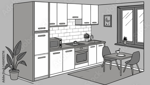 Small Kitchen Interior Design Modern Apartment Kitchen Plan Minimalist Home Kitchen Illustration.