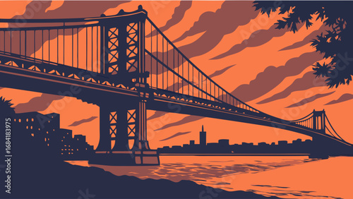 Sunset Cityscape with Bridge.