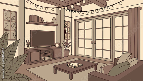 Cozy Living Room Interior Design Evening Atmosphere Flat Illustration Home Decor Comfortable Furniture TV and Bookshelf.