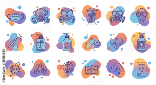A set of colorful flat design icons for pandemic prevention, medical supplies, and health awareness.