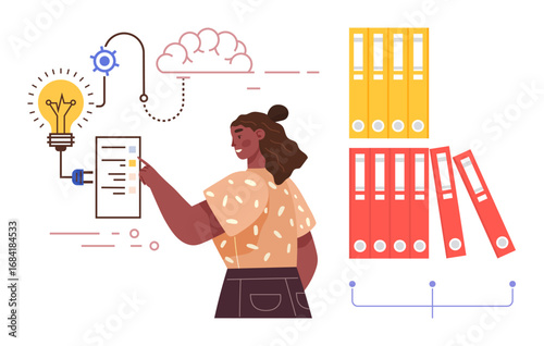 Woman points to a document, surrounded by a light bulb, cloud, folders, and process lines. Ideal for creativity, innovation, planning, organization productivity digital workflow and strategy