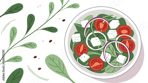 Fresh Salad with Cheese Tomatoes and Spinach in Bowl.