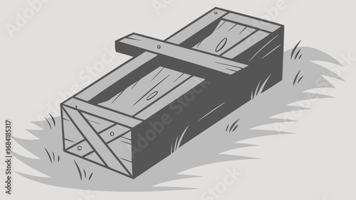 A wooden crate with a lid on a light gray surface.