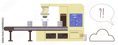 Industrial robot inspecting products on conveyor belt at factory. Dialog bubble error alert. Ideal for automation tech, manufacturing, robotics, quality control, industrial IoT, efficiency, simple