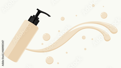 Pump bottle dispensing creamy lotion with splash.