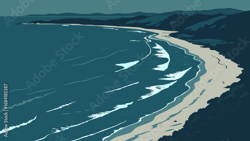 Coastal landscape ocean waves sandy beach tranquil seascape aerial view seaside shoreline summer vacation travel destination coastal scene nature background serene ocean blue water sand waves crashin.