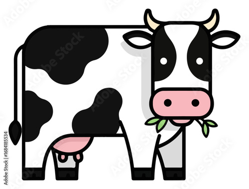 Cartoon cow illustration with black spots eating green grass.