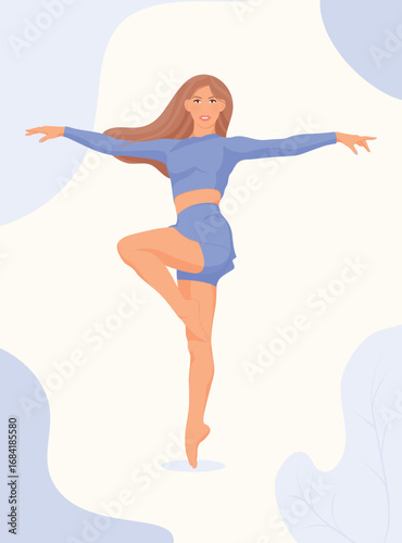 Dance Dancer Woman Fitness Pose – Blonde Hair, Blue Outfit, Light Blue Background – Vector Illustration. EPS