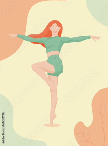 Dance Dancer Woman Fitness Pose – Red Hair, Green Outfit, Yellow Background – Vector Illustration. EPS