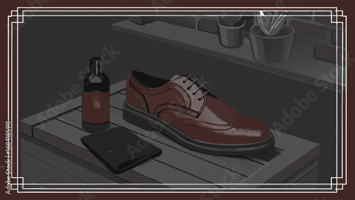 A Polished Derby Shoe with Care Products on a Wooden Surface.