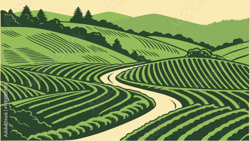 Rolling Hills Landscape with Winding Road and Green Fields Agriculture Farmland Nature Illustration Rural Scenery Eco-Friendly Background Countryside View Pastoral Scene Vintage Style Graphic.