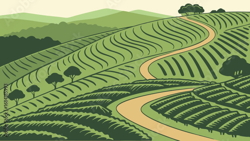 Landscape with rolling hills and a winding road.